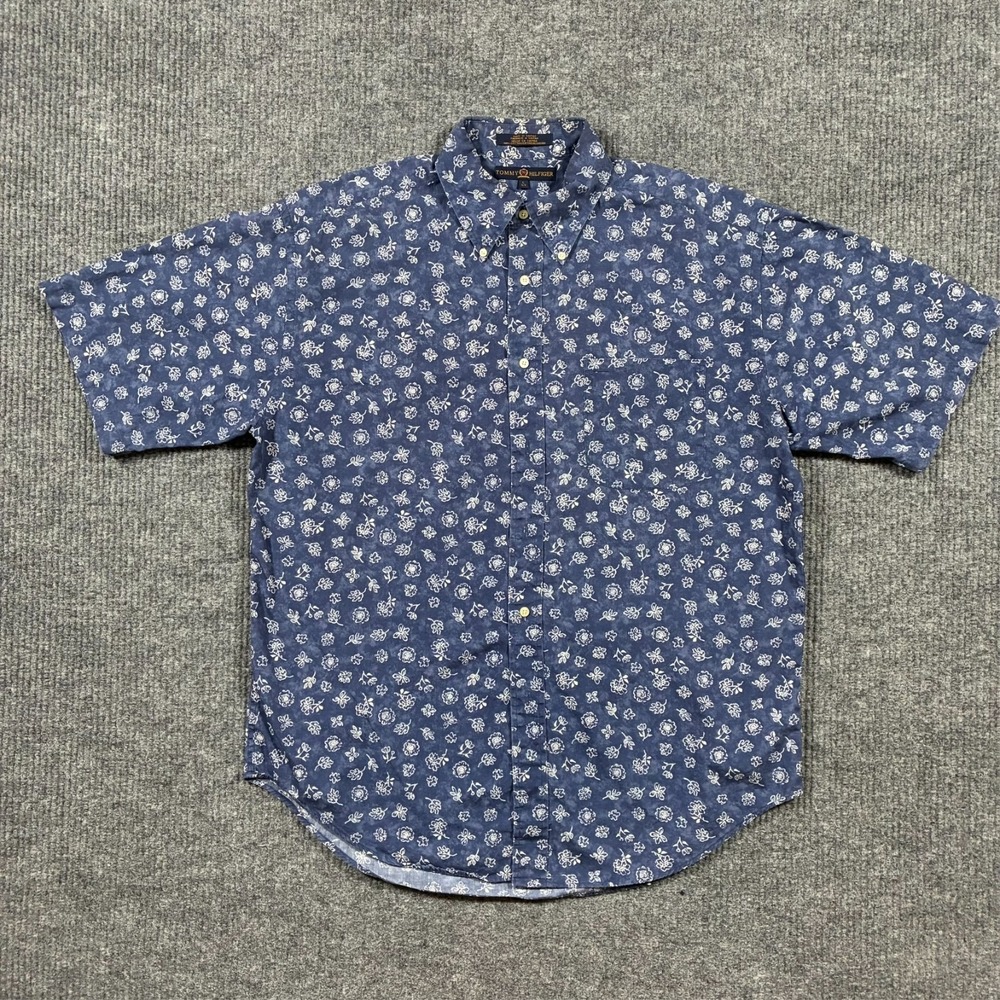 Tommy Hilfiger Boys Button Down Shirt Large 6/6‎ Blue Floral Short Sleeve